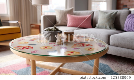 Stylish modern living room with unique pizza-themed glass table surface 125288969
