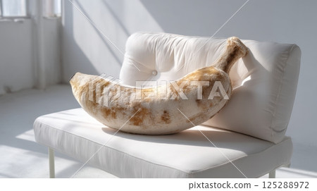 Giant plush banana pillow on modern white chair in sunlit room 125288972