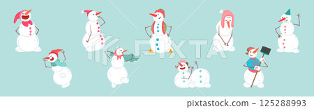 Funny Snowman Winter Figure Character with Face and Arms Vector Set Funny Snowman Winter Figure Character with Face and Arms Vector Set 125288993