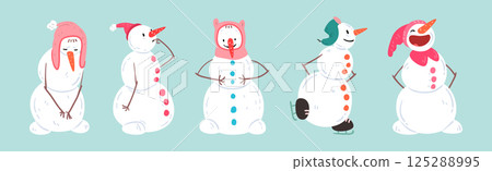 Funny Snowman Winter Figure Character with Face and Arms Vector Set Funny Snowman Winter Figure Character with Face and Arms Vector Set 125288995