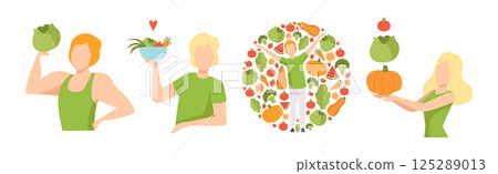 Vegetarian Diet with Man and Woman Eat Fresh Veggie Vector Set 125289013