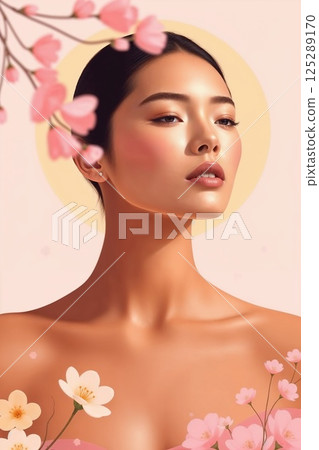 beautiful asian female model, surrounded by flowers. woman theme card in artistic style. 125289170