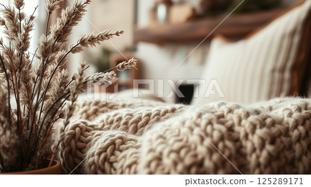 cozy interior with close up of knitted warm home textile in calm beige colors 125289171