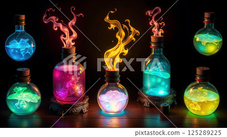 collection of glowing magical potions. Fantasy bottles with glowing alchemy elixir and flames 125289225