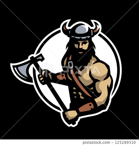 Viking with an axe on a dark background. 125289310