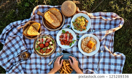 various dishes on a picnic blanket, including salads, pasta, bread 125289336