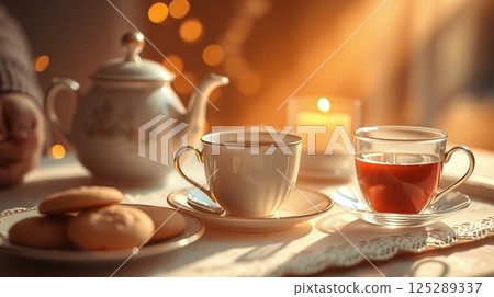 tea and cookies. teatime composition, featuring a porcelain teapot cups and candle tea and cookies. teatime composition, featuring a porcelain teapot cups and candle 125289337