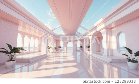 virtual reality location. architectural scene for VR environmental design with pink hallway, overlooking the ocean virtual reality location. architectural scene for VR environmental design with pink hallway, overlooking the ocean 125289338