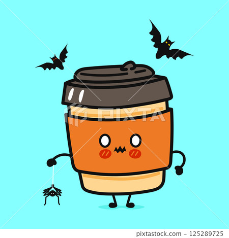 A charming Halloween cartoon shows a Coffee cup with a spider, and bats soaring in the sky. A charming Halloween cartoon shows a Coffee cup with a spider, and bats soaring in the sky. 125289725