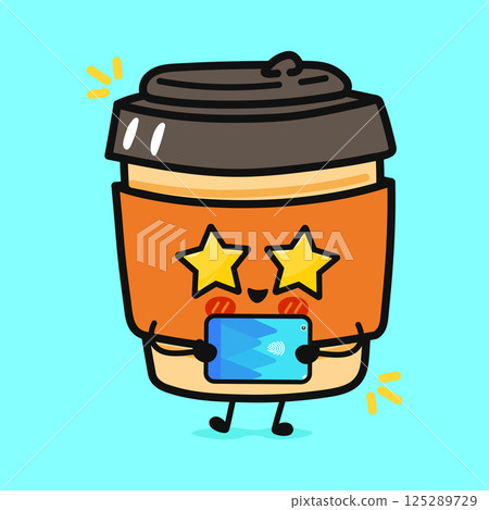 An adorable Coffee cup character using a tablet with star eyes and a big smile on a bright blue background. 125289729