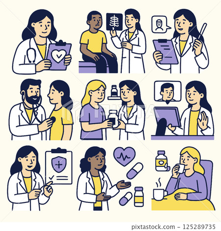 collection of medical professionals interacting with patients and documents, showcasing healthcare 125289735