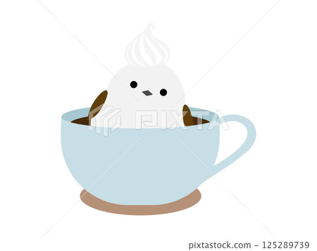 Cute long-tailed tit and coffee cup 125289739
