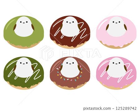 Cute long-tailed tit and 6 kinds of colorful donuts set Cute long-tailed tit and 6 kinds of colorful donuts set 125289742