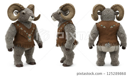 Plush bighorn sheep figure dressed in western indigenous attire displays cultural artistry Plush bighorn sheep figure dressed in western indigenous attire displays cultural artistry 125289868