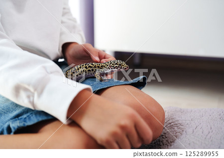 Child holding a pet leopard gecko while seated on the floor in a cozy room during the afternoon Child holding a pet leopard gecko while seated on the floor in a cozy room during the afternoon 125289955