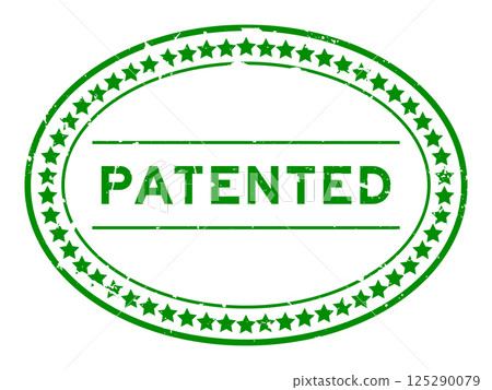Grunge green patented word oval rubber seal stamp on white background 125290079