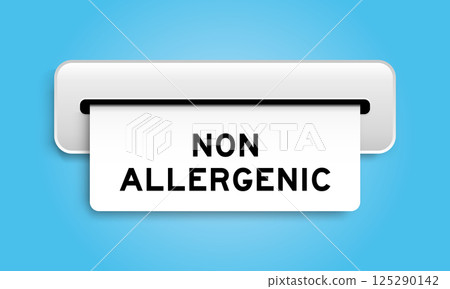 White coupon banner with word non allergenic from machine on blue color background 125290142