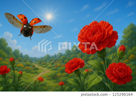 Ladybug on red carnation 125290164