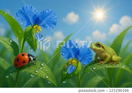 A rain frog and a ladybug on morning glory after the rain 125290166