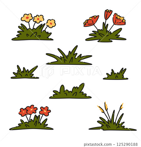 Cartoon collection of cute grass bushes and flower bushes, vector summer illustration set 125290188