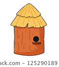Round wooden house made of stump and straw. Cartoon cute beehive for a swarm of honey bees 125290189