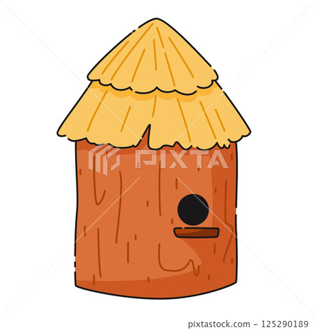 Round wooden house made of stump and straw. Cartoon cute beehive for a swarm of honey bees Round wooden house made of stump and straw. Cartoon cute beehive for a swarm of honey bees 125290189