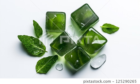 Mint ice cubes, with water droplets on a white background. Mint ice cubes, with water droplets on a white background. 125290265