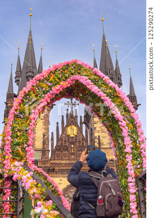 Tyn Church in Prague Czech Republic with spring decoration 125290274