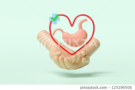 3d hands holding realistic human stomach with heart, cross, check mark isolated on green background. check stomach  health, gastric disease concept, 3d illustration render 125290508