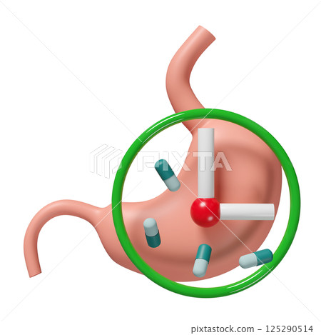 3d human stomach with clock, medicine isolated. The concept of taking medicine on time, 3d illustration render 3d human stomach with clock, medicine isolated. The concept of taking medicine on time, 3d illustration render 125290514