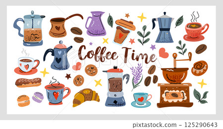 Coffee Time Set a cozy hand drawn vector collection featuring coffee cups, croissants, cookies, sugar cubes, and coffee beans in warm natural tones, perfect for cafe menus, prints, and packaging. 125290643