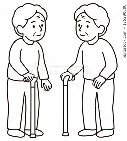 Monochrome line drawing vector illustration of a right-handed grandmother holding a cane with her right hand, facing right and facing left set Monochrome line drawing vector illustration of a right-handed grandmother holding a cane with her right hand, facing right and facing left set 125290680