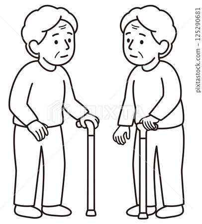 Monochrome line drawing vector illustration of a left-handed grandmother using a cane with her left hand, facing right and facing left set 125290681