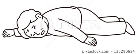 Monochrome line drawing vector illustration of a painful looking grandmother who has fallen and is unable to move 125290684