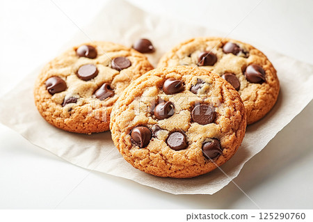 Cozy stack of chocolate chip cookies, ideal for content focusing on sweet indulgences, desserts for cozy nights, or promoting a bakery atmosphere. 125290760