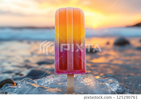 Popsicle with rainbow colors on a long stick on a summer background. Summer fun. Retro style. 125290761