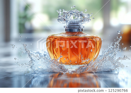 Premium perfume bottle covered in dew drops. Luxury fragrance marketing, product photography and beauty blogs. 125290766