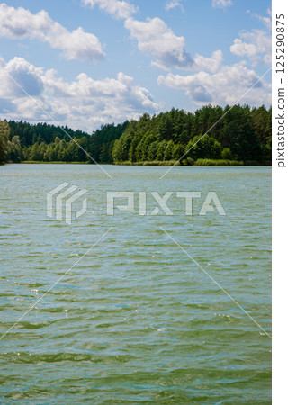 Serene lake with lush forest and cloudy sky in tranquil summer landscape. Weekend concept near the forest and lake 125290875