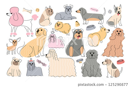 Cute friendly dogs different breed animal characters isolated set in doodle hand drawn style 125290877