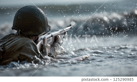 A soldier of World War II on the D-Day battlefield. The concept of courage, sacrifice, and historical remembrance. Generative AI. 125290985