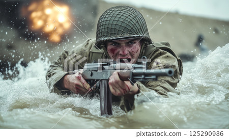 A soldier of World War II on the D-Day battlefield. The concept of courage, sacrifice, and historical remembrance. Generative AI. 125290986