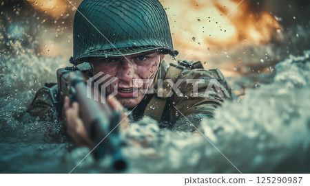 A soldier of World War II on the D-Day battlefield. The concept of courage, sacrifice, and historical remembrance. Generative AI. 125290987