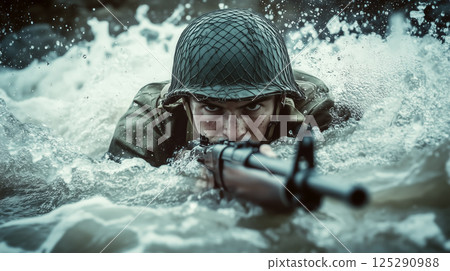 A soldier of World War II on the D-Day battlefield. The concept of courage, sacrifice, and historical remembrance. Generative AI. A soldier of World War II on the D-Day battlefield. The concept of courage, sacrifice, and historical remembrance. Generative AI. 125290988