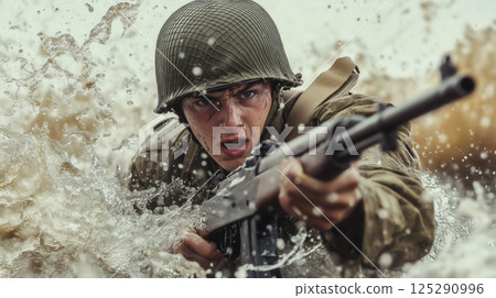A soldier of World War II on the D-Day battlefield. The concept of courage, sacrifice, and historical remembrance. Generative AI. 125290996