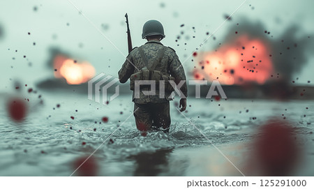 A soldier of World War II on the D-Day battlefield. The concept of courage, sacrifice, and historical remembrance. Generative AI. 125291000