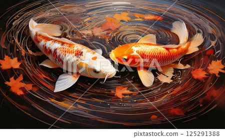 Acrylic painting style illustration of a carp swimming among autumn leaves 125291388