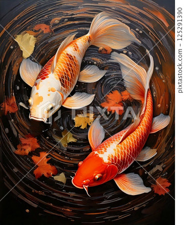 Acrylic painting style illustration of a carp swimming among autumn leaves 125291390