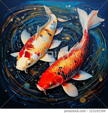 Acrylic painting style illustration of a carp swimming among autumn leaves 125291394