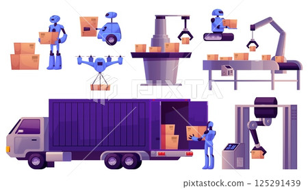 Illustration of set with robots, automated machines and drone, loading and delivery in logistics. Illustration of set with robots, automated machines and drone, loading and delivery in logistics. 125291439