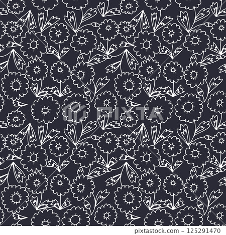 Black and white ditsy floral seamless pattern. Hand drawn vintage backdrop with tiny daisy flowers. Monochrome Cottagecore texture 125291470